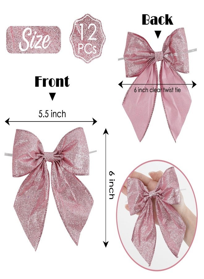 AIMUDI Pink Glitter Wired Ribbon Bows with Twist Tie 5.5" Premade Metallic Christmas Bows for Gift Wrapping, Wreath, Garland, Holiday Crafts Party Home Outdoor Christmas Tree Decorations, 12 PCs - Image 2